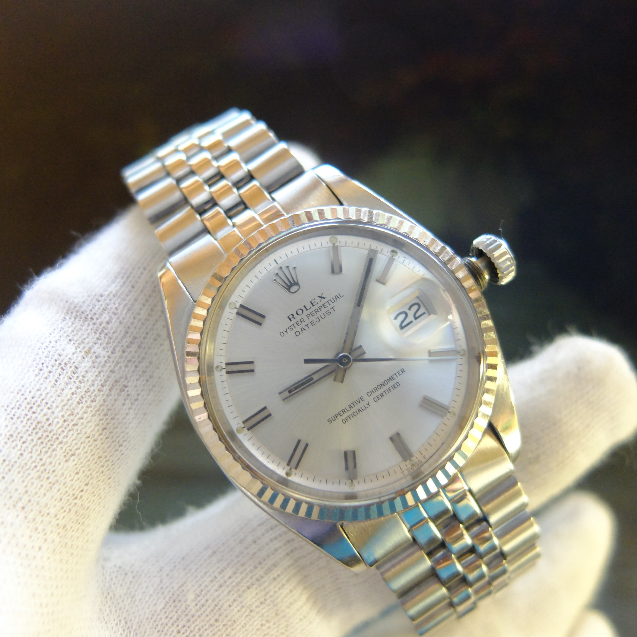 a 1979 Rolex Stainless Steel ref 1601 Wide Boy Dial vintage watch